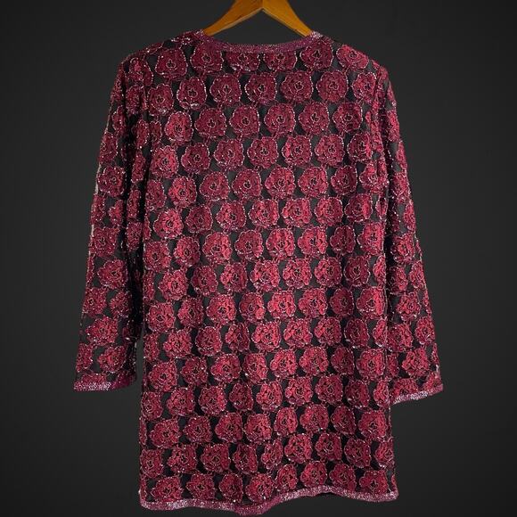 Jean for Joseph LeBon Rosette Beaded Jacket Floral Sequin Black Maroon Vintage M - Picture 7 of 9